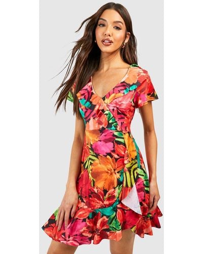 Boohoo Floral Wrap Front Ruffle Tea Dress - Red