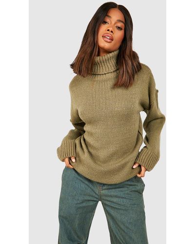 Boohoo Soft Knit Roll Neck Sweater - Green