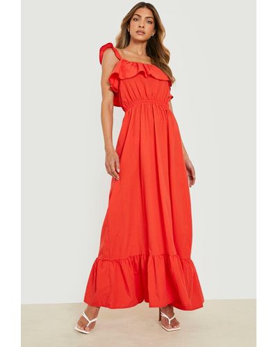 Boohoo Cotton Poplin Strappy Frill Maxi Dress - Red
