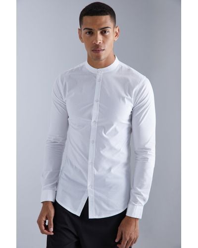 Boohoo Long Sleeve Grandad Collar Stretch Fit Shirt - White