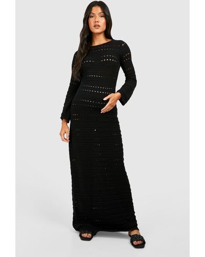Boohoo Maternity Crochet Flare Sleeve Tie Back Knitted Maxi Dress - Black