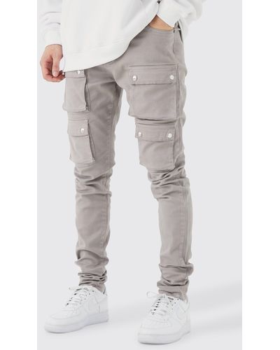 BoohooMAN Tall Fixed Waist Skinny Multi Cargo Pocket Trouser - Gray