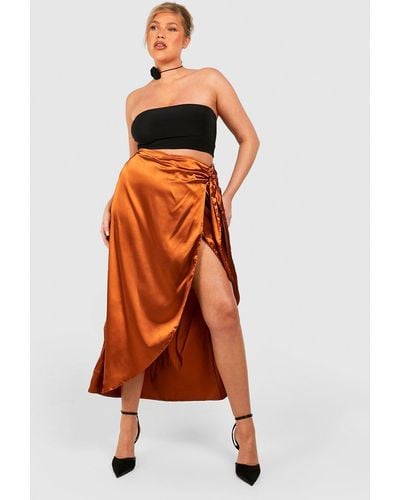 Boohoo Plus Satin Wrap Detail Midaxi Skirt - Orange