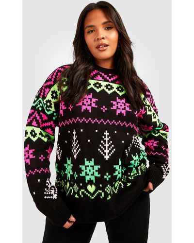 Boohoo Plus Neon Fairisle Christmas Sweater - Black