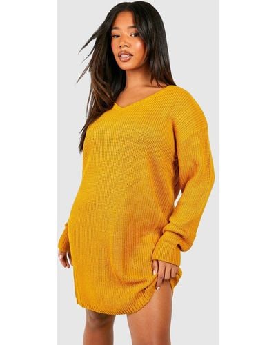 Boohoo Plus Rib V Neck Sweater Dress - Yellow