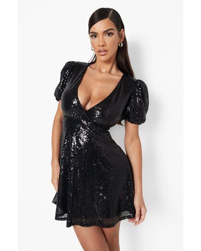 Boohoo Sequin Puff Sleeve Skater Party Dress - Black
