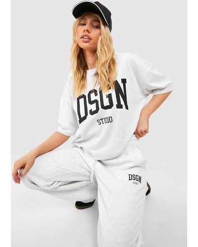 Boohoo Dsgn Studio Collegiate Slogan T-shirt And Jogger Set - White