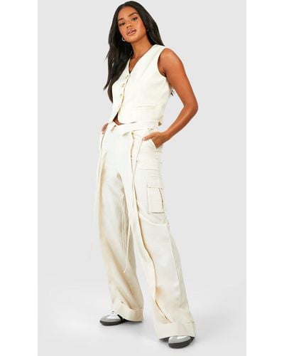 Boohoo Folded Waistband Relaxed Fit Cargo Pants - Natural