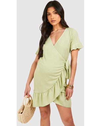 Boohoo Maternity Textured Wrap Frill Mini Dress - Green