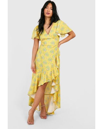 Boohoo Petite Ditsy Floral Angel Sleeve Wrap Midi Dress - Amarillo