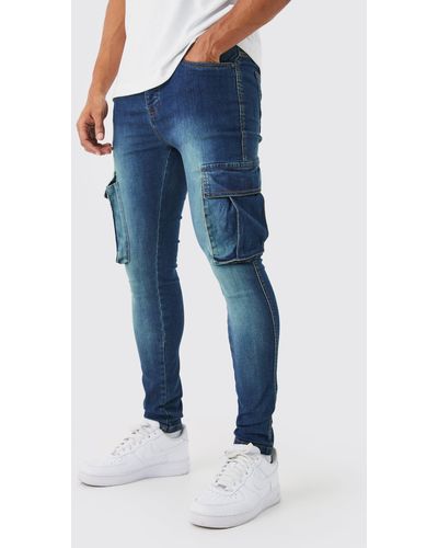 BoohooMAN Super Skinny Stretch Cargo-Jeans - Blau