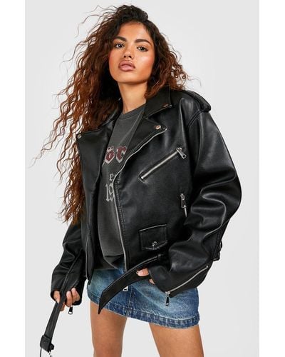 Boohoo Petite Faux Leather Oversized Biker Jacket - Black