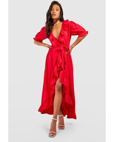 Boohoo Petite Ruffle Cotton Wrap Maxi Dress - Red