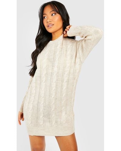 Boohoo Petite Round Neck Cable Knit Sweater Dress - White