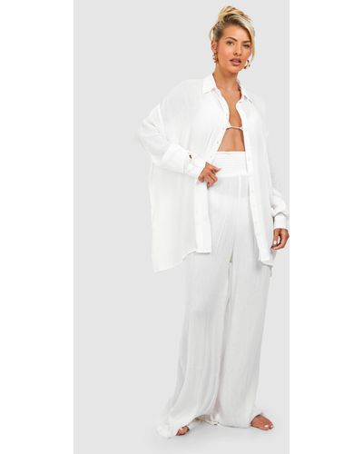Boohoo Shirred Waist Woven Wide Leg Beach Pants - White