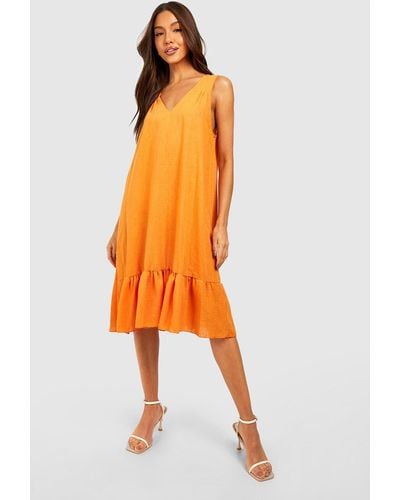 Boohoo Linen Look Ruffle Smock Dress - Orange