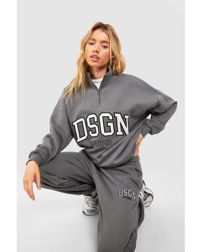 Boohoo Dsgn Studio Applique Oversized Half Zip Sweatshirt - Grey