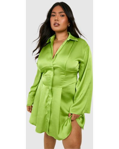 Boohoo Plus Satin Corset Detail Flared Sleeve Shirt Dress - Green