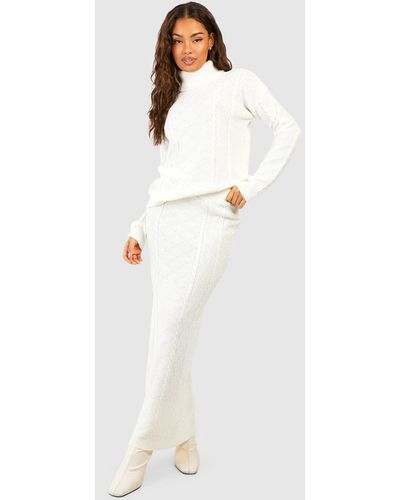 Boohoo Cable Turtleneck Sweater And Maxi Skirt Knitted Two-piece - White