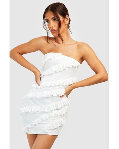 Boohoo Bandeau Ruffle Mini Dress - White