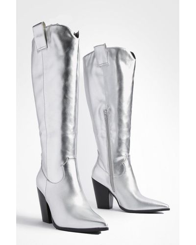 Boohoo Wide Fit Curved Front Pointed Toe Metallic Cowboy Boots - White