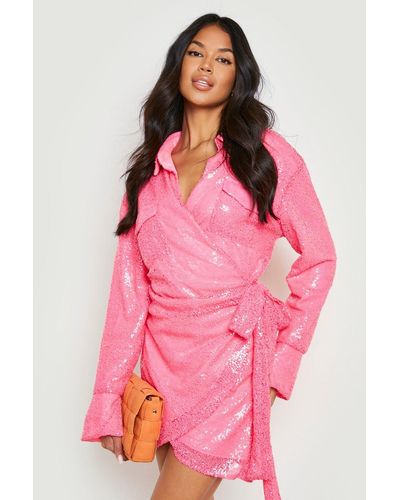 Boohoo Neon Sequin Wrap Shirt Dress - Pink