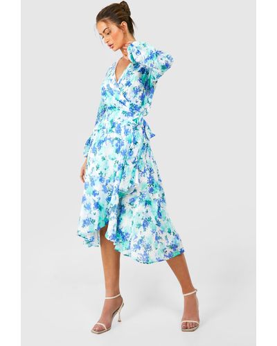 Boohoo Floral Wrap Belted Midi Dress - Blue