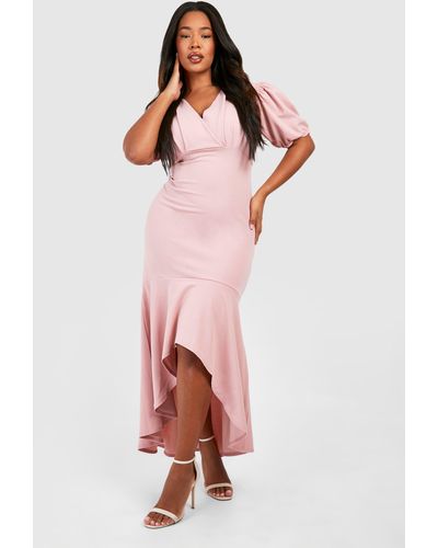 Boohoo Plus Puff Sleeve Fishtail Maxi Dress - Pink