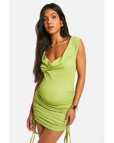 Boohoo Maternity Textured Side Ruched Mini Dress - Green