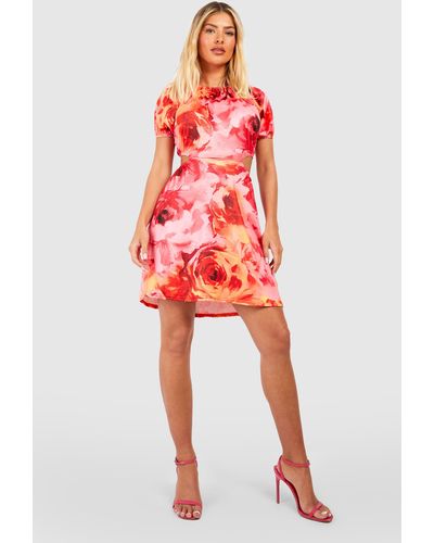 Boohoo Floral Cut Out Puff Sleeve Sundress - Red