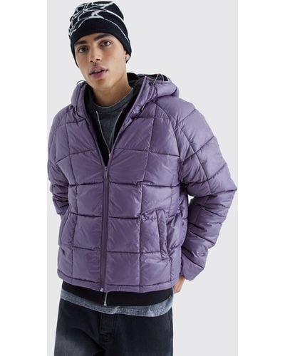 Boohoo Boxy Square Quilted Puffer With Hood - Purple