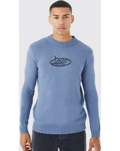 Boohoo Regular B&m Embroidered Sweater - Blue