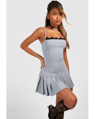 Boohoo Lace Trim Pleated Mini Dress - Gray