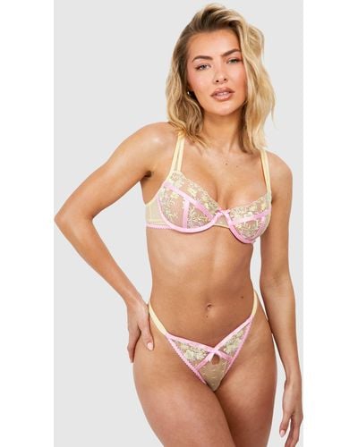 Boohoo Mesh Floral Embroidered Balcony Bra - Pink