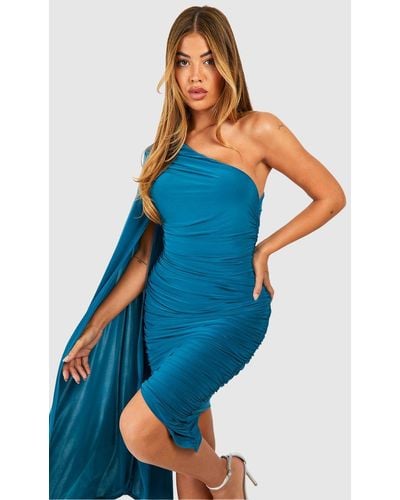 Boohoo Double Slinky One Shoulder Extreme Sleeve Dress - Blue
