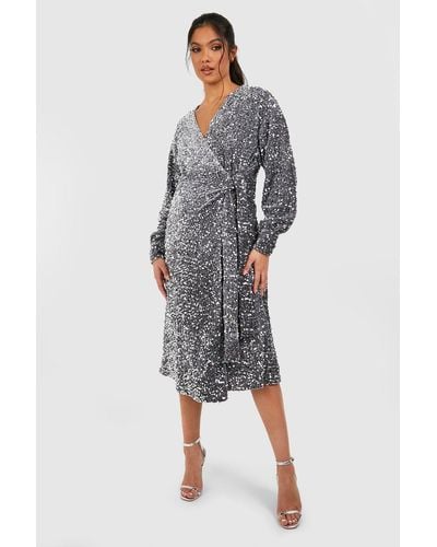 Boohoo Maternity Velvet Sequin Wrap Midi Dress - Gray