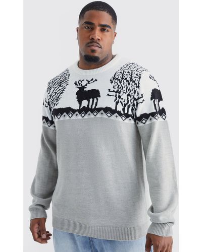 BoohooMAN Plus Fair Isle Knitted Christmas Sweater - Gray