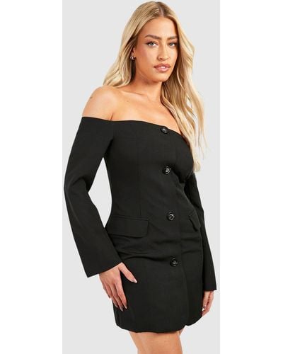 Boohoo Bardot Button Front Blazer Dress - Black