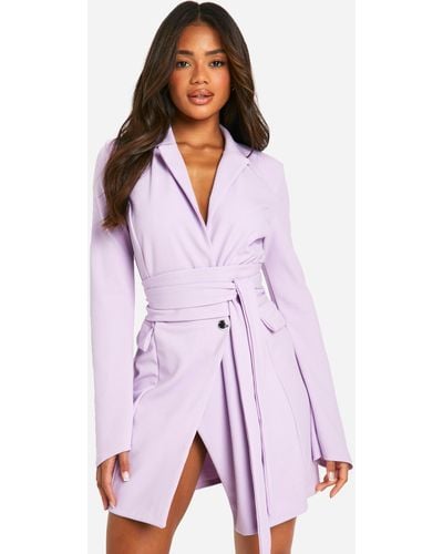 Boohoo Tie Waist Long Sleeve Blazer Dress - Purple
