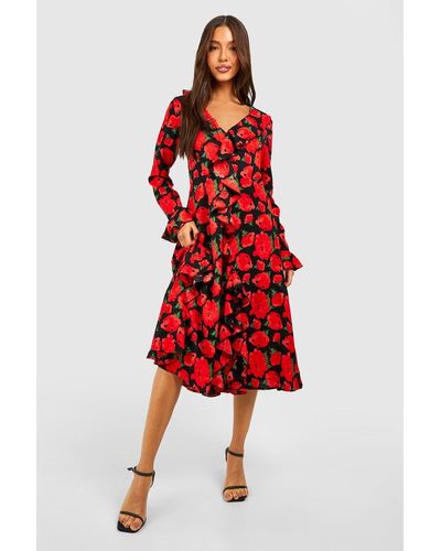 Boohoo Rose Print Ruffle Midi Smock Dress - Red