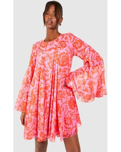 Boohoo Floral Print Flared Sleeve Smock Dress