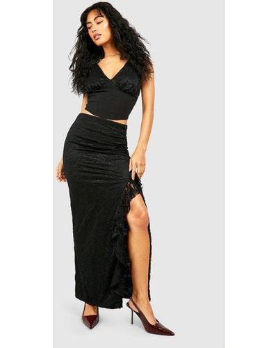 Boohoo Crepe Lace Detail Corset & Ruffle Thigh Split Maxi Skirt - Black