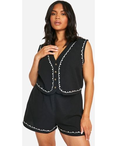 Boohoo Plus Embroidered Linen Waistcoat And Short Set - Black