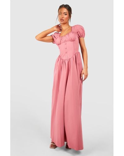 Boohoo Cotton Puff Sleeve Maxi Milkmaid Dress - Pink