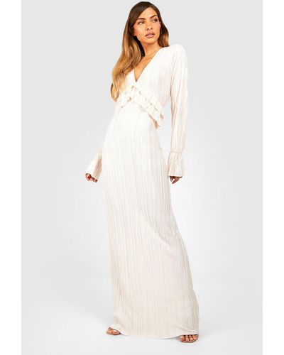 Boohoo Plisse Long Sleeve Ruffle Detail Maxi Dress - White