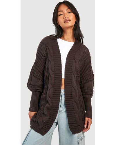 Boohoo Premium Cable Knit Oversized Cardigan - Brown