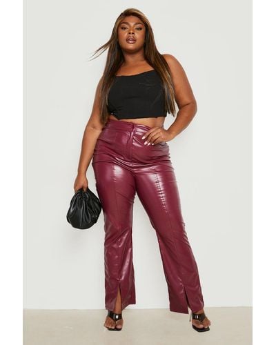 Boohoo Plus Premium Pu Faux Leather Split Hem Pants - Red