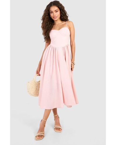 Boohoo Linen Milkmaid Midi Dress - Pink