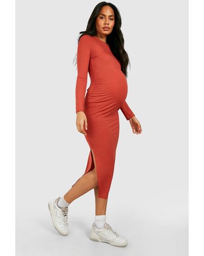Boohoo Maternity Long Sleeve Split Midi Dress - Red