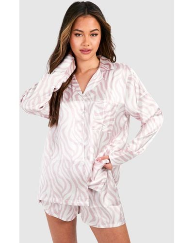 Boohoo Oversized Tonal Zebra Print Satin Short Pyjama Set - Pink